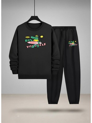 Lorvex Çocuk Sweatshirt-Eşofman Takım Bisiklet Yaka Sörfçü Timsah Baskılı 3 Iplik Şardonlu