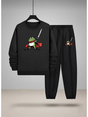 Lorvex Takım Çocuk Bisiklet Yaka Sweatshirt ve Eşofman Takım Savaşçı Kurbağa Baskılı 3 Iplik Şardonlu