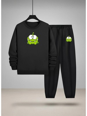 Lorvex Çocuk Bisiklet Yaka Sweatshirt ve Eşofman Takım Sevimli Kurbağa Baskılı 3 Iplik Şardonlu