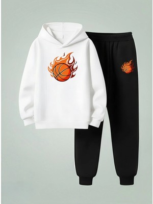 Lorvex Erkek Çocuk Kapüşonlu Takım Yanan Basket Topu Baskılı 3 Iplik Şardonlu Sweatshirt-Eşofman Takım