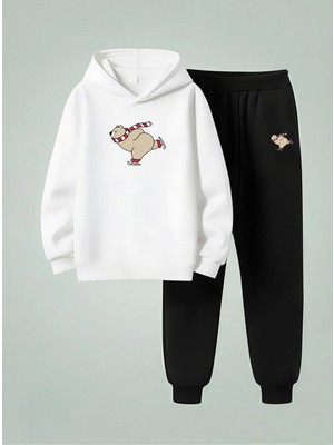 Lorvex Çocuk Kapüşonlu Takım Kayan Ayıcık Baskılı 3 Iplik Şardonlu Sweatshirt-Eşofman Takım