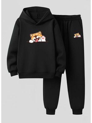 Lorvex Çocuk Kapüşonlu Takım Tatlı Köpek Baskılı 3 Iplik Şardonlu Sweatshirt-Eşofman Takım