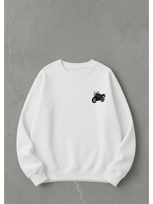 Lorvex Unisex Oversize Bisiklet Yaka Beyaz Sweatshirt Minimalist Siyah Motor Baskı