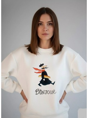 Lorvex Unisex Bonjour Ön Baskı Oversize Bisiklet Yaka Beyaz Sweatshirt