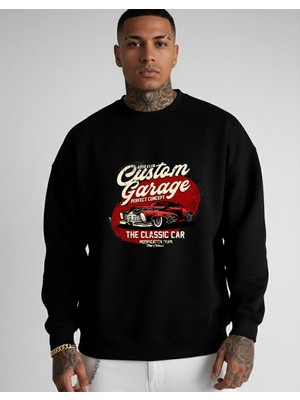 Lorvex Oversize Bisiklet Yaka Siyah Sweatshirt Custom Garage Baskı