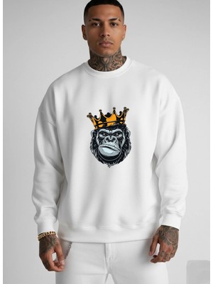 Lorvex Beyaz Oversize Sweatshirt Bisiklet Yaka King Monkey Baskı