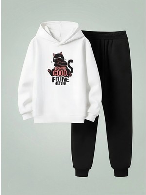 Lorvex Çocuk Kapüşonlu Takım Lookıng Good Baskılı 3 Iplik Şardonlu Sweatshirt-Eşofman Takım