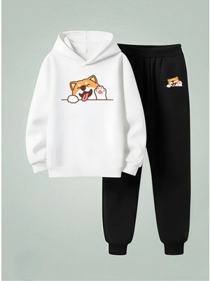 Lorvex Çocuk Kapüşonlu Takım Tatlı Köpek Baskılı 3 Iplik Şardonlu Sweatshirt-Eşofman Takım
