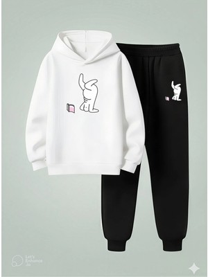 Lorvex Çocuk Kapüşonlu Takım Komik Karakter Baskılı 3 Iplik Şardonlu Sweatshirt-Eşofman Takım