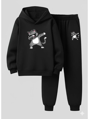 Lorvex Çocuk Kapüşonlu Şakacı Kedi Baskılı 3 Iplik Şardonlu Sweatshirt-Eşofman Takımı