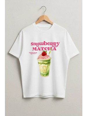 Lorvex Strawberry Matcha Baskılı Oversize Pamuklu Unisex Tshirt-Tişört