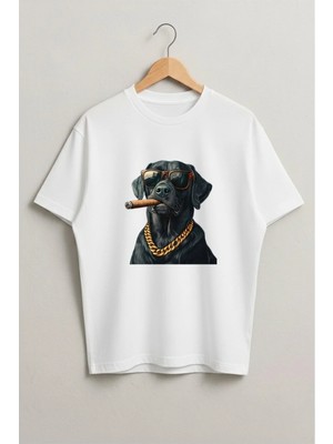 Lorvex Gözlüklü Siyah Köpek Baskılı Oversize Unisex Pamuklu Tshirt-Tişört