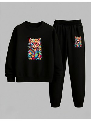 Lorvex Unısex Sweatshirt-Eşofman Takım Çocuk Bisiklet Yaka Dj Kedi Baskılı 3 Iplik Şardonlu