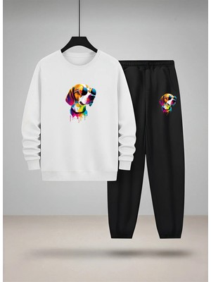 Lorvex Unısex Çocuk Bisiklet Yaka Sweatshirt-Eşofman Takım Renkli Köpek Baskılı 3 Iplik Şardonlu