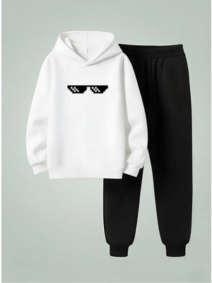 Lorvex Kapüşonlu Çocuk Sweatshirt-Eşofman Takım Havalı Gözlük Baskılı 3 Iplik Şardonlu