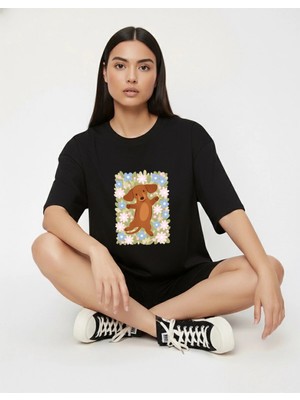 Lorvex Sevimli Köpek ve Çiçekler Baskılı Oversize Pamuklu Unisex Tshirt-Tişört
