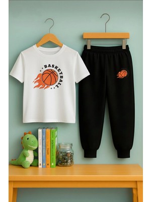 Lorvex Çocuk Eşofman-Tişört Kombin | 100% Pamuk Ateşli Basket Baskılı Set | Rahat Kalıp Fancy Trend