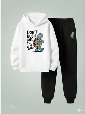 Lorvex Çocuk Kapüşonlu Takım I Am A Turtle Baskılı 3 Iplik Şardonlu Sweatshirt-Eşofman Takım