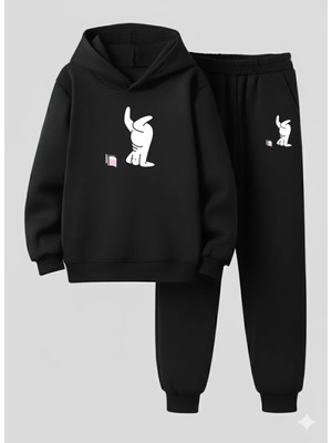 Lorvex Çocuk Kapüşonlu Takım Komik Karakter Baskılı 3 Iplik Şardonlu Sweatshirt-Eşofman Takım