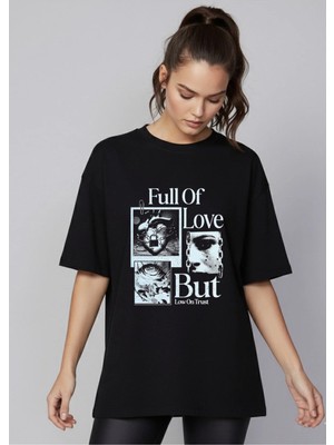 Lorvex Kadın Siyah Parlak Tayt-Oversize Full Of Love Baskı T-Shirt Takım