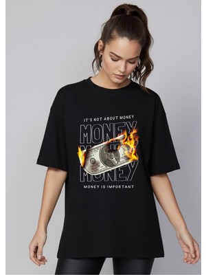 Lorvex Kadın Siyah Parlak Tayt-Oversize Money Is Important T-Shirt Takım