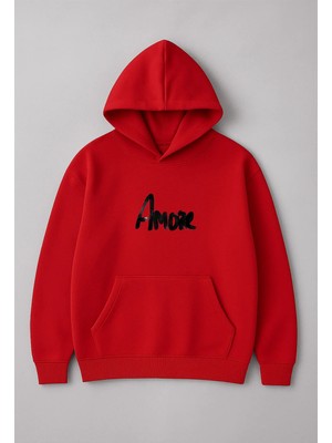 Lorvex Oversize Kapüşonlu Unisex Sweatshirt %100 Pamuklu Amor Baskılı