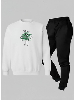 Lorvex Unısex Çocuk Sweatshirt-Eşofman Takım Bisiklet Yaka Yeşil Karalama Baskılı 3 Iplik Şardonlu