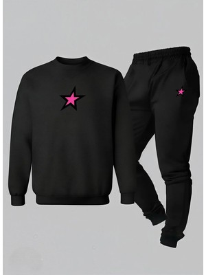 Lorvex Sweatshirt-Eşofman Çocuk Takım Bisiklet Yaka Pembe Yıldız Baskılı 3 Iplik Şardonlu