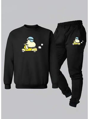 Lorvex Çocuk Takım (Sweatshirt-Eşofman) Bisiklet Yaka Kasklı Civciv Baskılı 3 Iplik Şardonlu