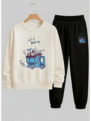 Lorvex Çocuk Beyaz Sweatshirt-Eşofman Takım Bisiklet Yaka Lets Build Baskılı 3 Iplik Şardonlu