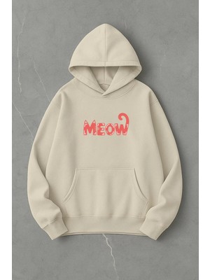 Lorvex Oversize Meow Ön Baskı Unisex Kapüşonlu Sweatshirt