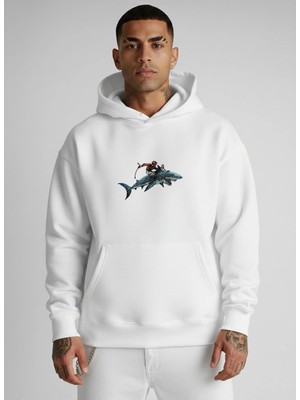 Lorvex Erkek Sweatshirt Oversize Kapüşonlu %100 Pamuklu Köpekbalığı Terbiyecisi Baskılı