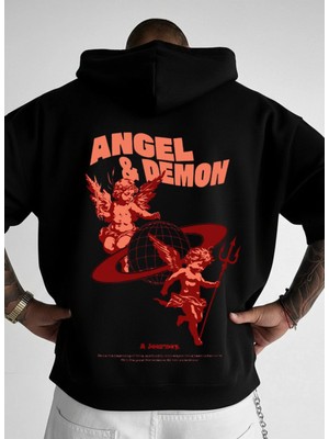 Lorvex Sweatshirt Oversize Unısex Kapüşonlu %100 Pamuklu Angel Demon Baskılı