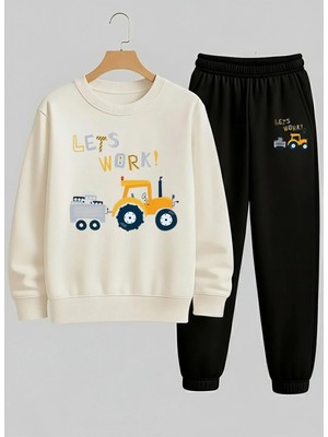 Lorvex Erkek Çocuk Beyaz Sweatshirt-Eşofman Takım Bisiklet Yaka Lets Work Baskılı 3 Iplik Şardonlu