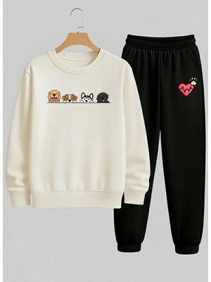 Lorvex Unısex Çocuk Beyaz Sweatshirt-Eşofman Takım Bisiklet Yaka Tatlı Köpekler Baskılı 3 Iplik Şardonlu