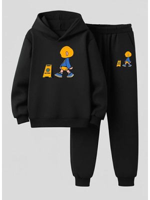 Lorvex Çocuk Kapüşonlu Takım No Emo Baskılı 3 Iplik Şardonlu Sweatshirt-Eşofman Takım