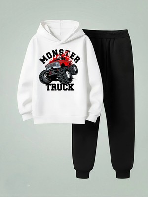 Lorvex Çocuk Erkek Kapüşonlu Takım Monster Truck Baskılı 3 Iplik Şardonlu Sweatshirt-Eşofman Takım