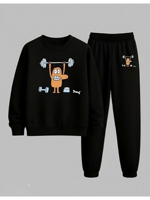Lorvex Çocuk Bisiklet Yaka Sweatshirt ve Eşofman Takım Ağırlık Kaldıran Köpek Baskılı 3 Iplik Şardonlu