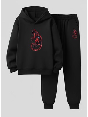 Lorvex Çocuk Sweatshirt-Eşofman Takım (Kapüşonlu) Kırmızı Renkli Kedi Baskılı 3 Iplik Şardonlu