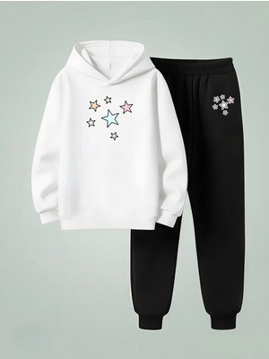 Lorvex Sweatshirt-Eşofman Takım Kız Çocuk Kapüşonlu Takım Renkli Yıldızlar Baskılı 3 Iplik Şardonlu