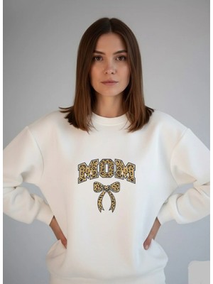 Lorvex Bisiklet Yaka Mom Leopar Baskı Beyaz Kadın Sweatshirt