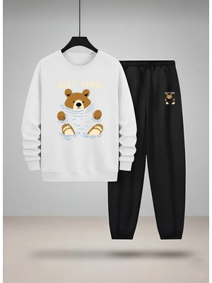 Lorvex Bisiklet Yaka Çocuk Takım Sweatshirt ve Eşofman Just Vıbın Baskılı 3 Iplik Şardonlu