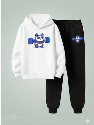 Lorvex Çocuk Kapüşonlu Takım Tatlış Panda Baskılı 3 Iplik Şardonlu Sweatshirt Eşofman Kalın Kışlık Spor
