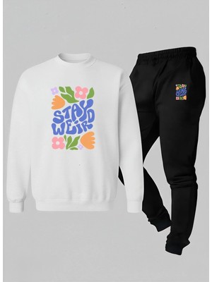 Lorvex Kız Çocuk Sweatshirt-Eşofman Takım Bisiklet Yaka Stay Weird Baskılı 3 Iplik Şardonlu