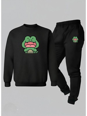 Lorvex Çocuk Sweatshirt-Eşofman Takım Bisiklet Yaka Gülen Timsah Baskılı 3 Iplik Şardonlu