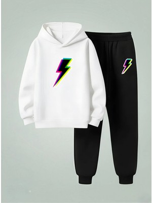 Lorvex Sweatshirt-Eşofman Takım Çocuk (Kapüşonlu) Üç Boyutlu Yıldırım Baskılı 3 Iplik Şardonlu