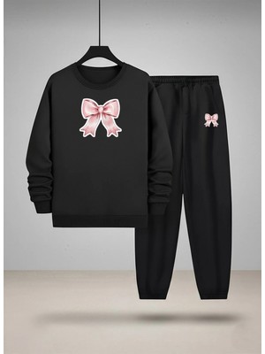 Lorvex Kız Çocuk Bisiklet Yaka Sweatshirt ve Eşofman Takım Pembe Kurdele Baskılı 3 Iplik Şardonlu