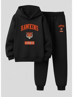 Lorvex Erkek Çocuk Kapüşonlu Takım Hawkıns Baskılı 3 Iplik Şardonlu Sweatshirt-Eşofman Takım
