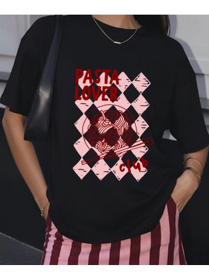 Lorvex Pasta Lover Club Baskılı Oversize Kadın %100 Pamuklu Tshirt-Tişört