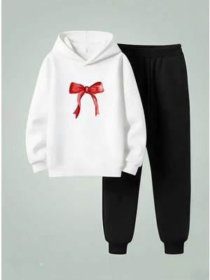 Lorvex Kapüşonlu Çocuk Sweatshirt-Eşofman Takım Kırmızı Kurdele Baskılı